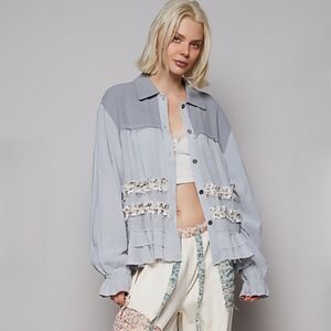T8 NWT POL  Balloon Sleeve Button Front Jacket Top Relaxed Fit Linen Sm Md Lg